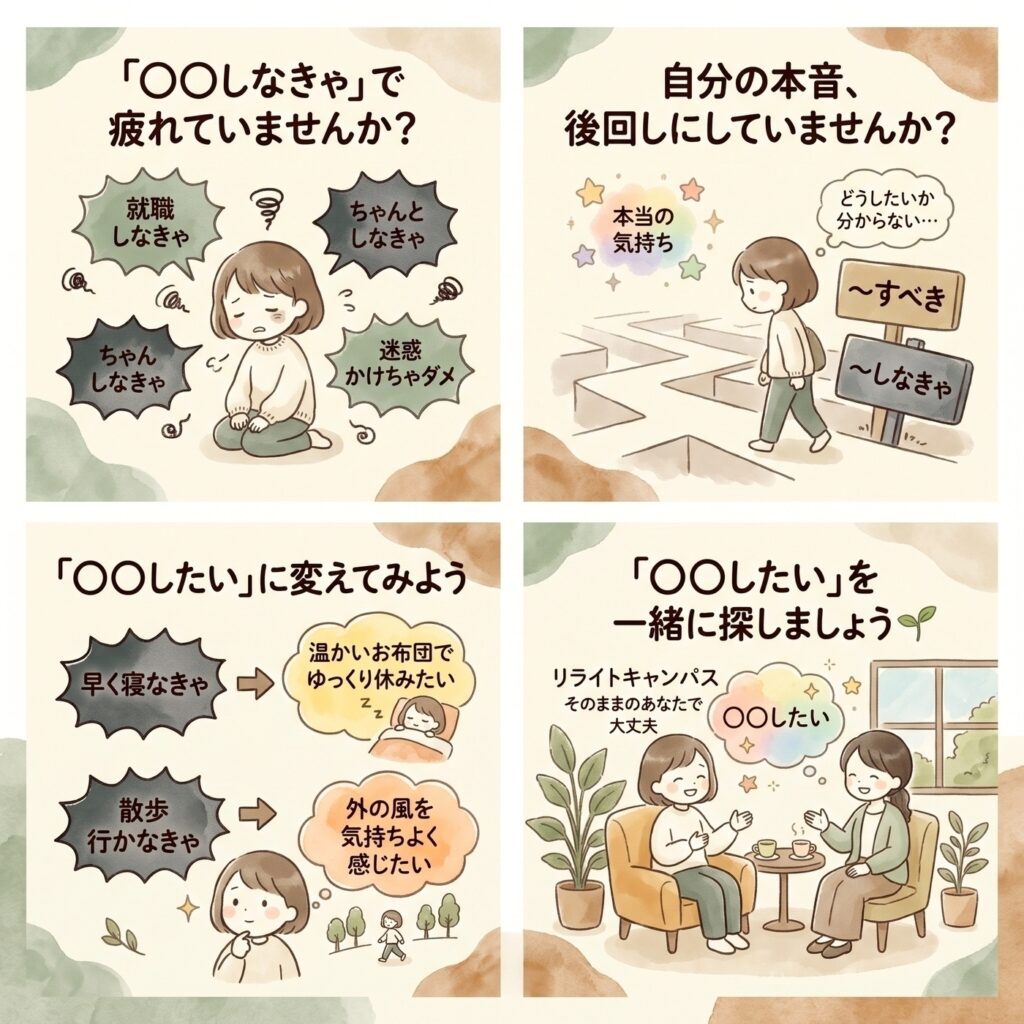 「○○しなきゃ」を「○○したい」に変えていく練習。